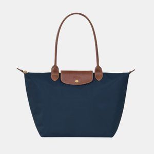 LONGCHAMP Large Tote Navy Brown Gold Nylon Leather Zip Shoulder Bag Travel